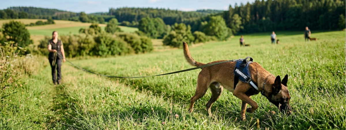 Hund mit Geschirr an der Schleppleine auf einer Sommerwiese